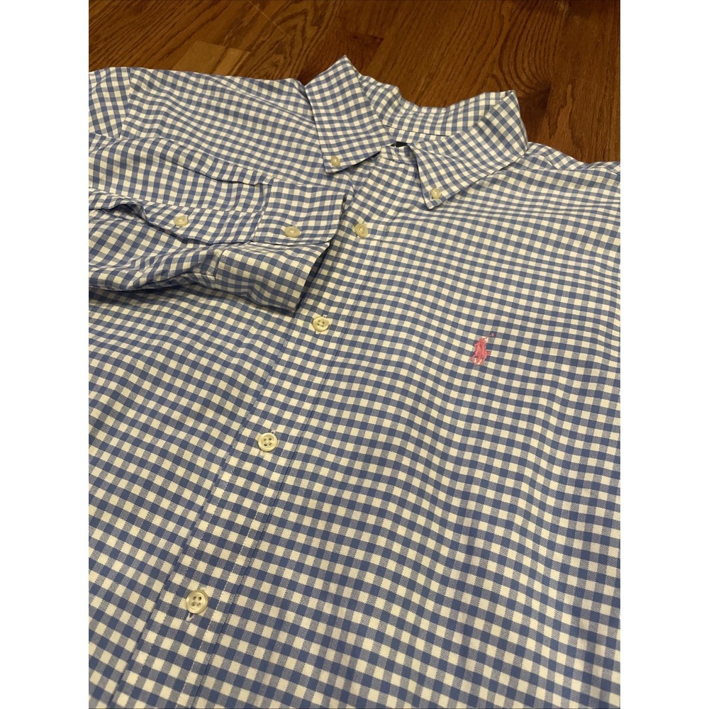 Ralph Lauren Men's Slim Fit Blue Gingham Plaid Shirt Size XL Pink Pony Logo